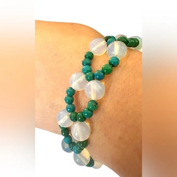 Opalite and Crysocolla Hand Beaded Bracelet with Adjustable Sizing Closure. - Picture 3 of 9